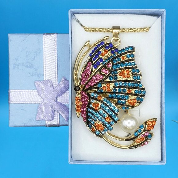 Colorful Rhinestone Butterfly Pendant Necklace w/ Pearl Accent Gift Boxed - Picture 2 of 5